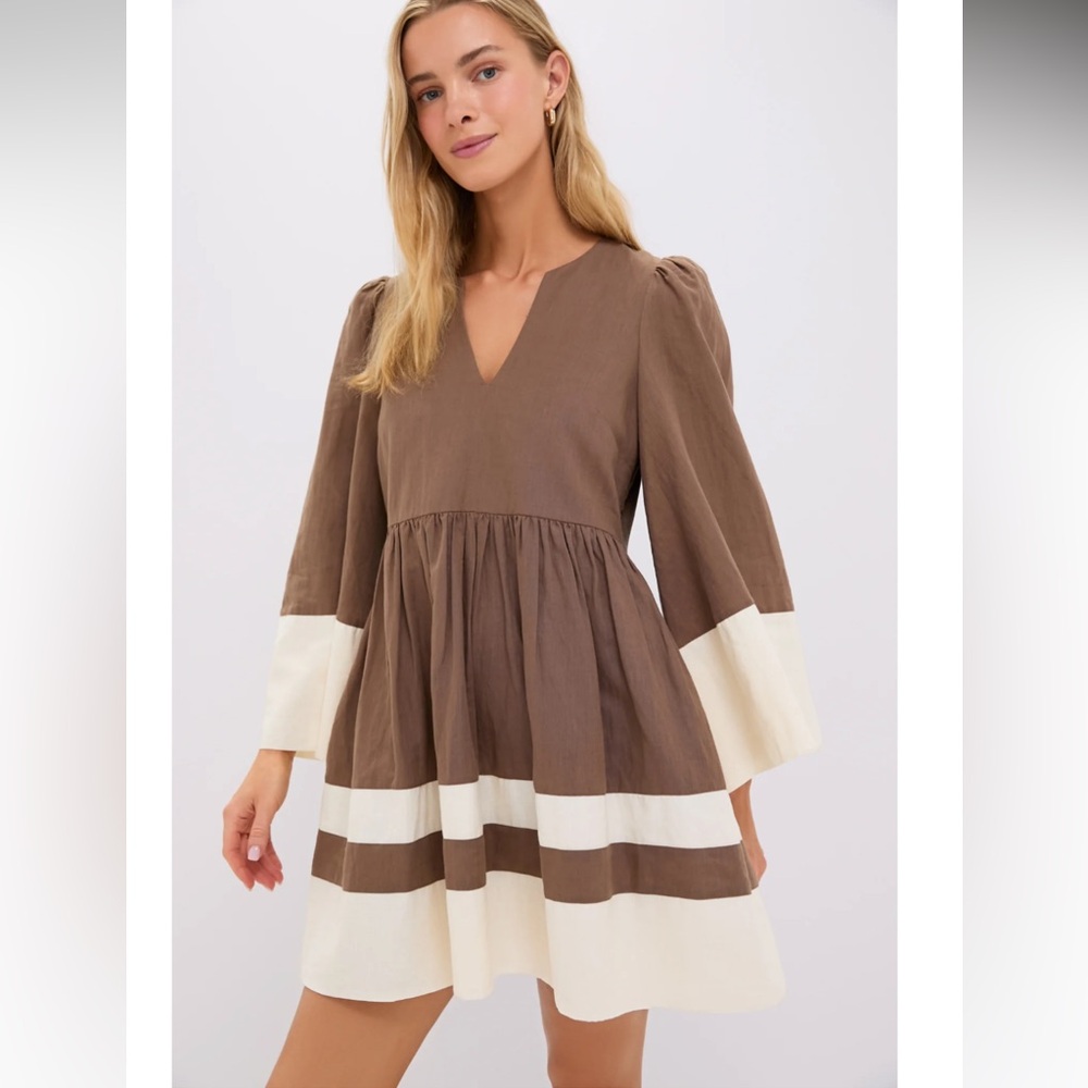 Tuckernuck Izzie Dress Cotton Linen Mocha Cream Size XL